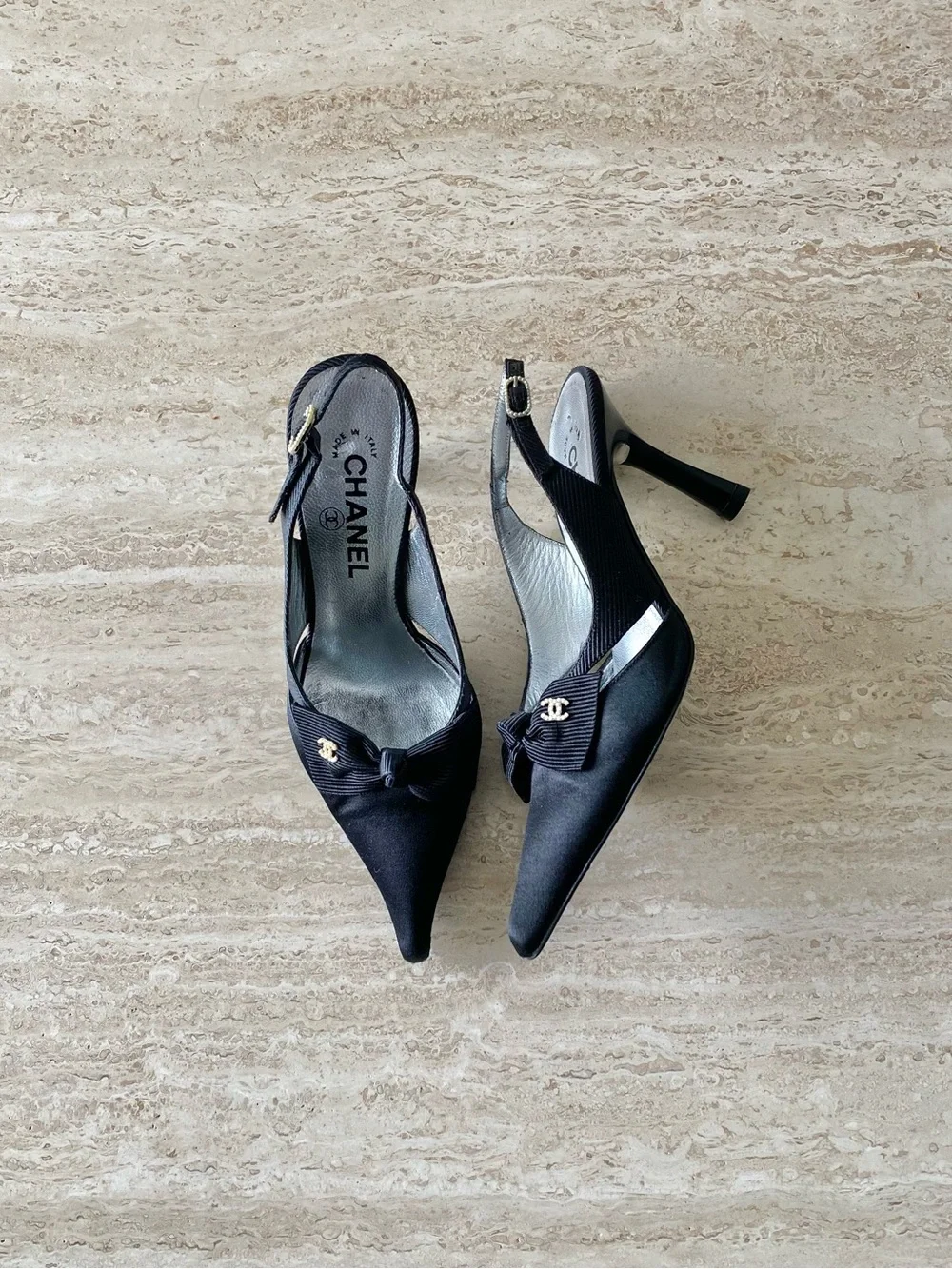 Vintage Chanel Satin Grosgrain Pearl CC Bow Slingback Heels
